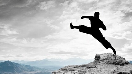 Martial Artist Silhouette High Kick Dramatic Mountaintop Landscape