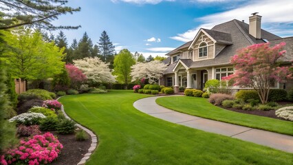 Obraz premium Luxurious modern house nestled in a lush forest, showcasing large windows, spacious deck, and stone accents.