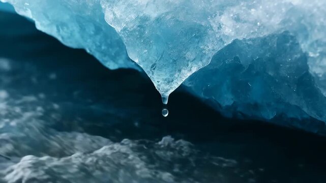Close-up of melting glacier with water droplet falling into current  