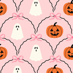 Seamless cute Halloween pattern with ghost, jack-o'-lantern, pink bow, and squiggly ribbon. Hand drawn kawaii Halloween illustration for fabric, kids apparel, wrapping paper, stationery.