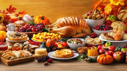 Abundant Festive Feast with Seasonal Autumn Decor and Dishes