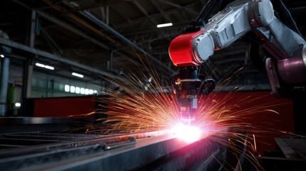 Industrial robotic arm welding metal with bright sparks flying in factory setting, showcasing advanced manufacturing technology
