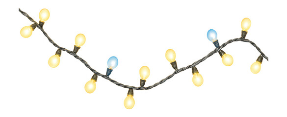 String of yellow and blue decorative fairy lights on a twisted cord, perfect for festive or ambient lighting, on transparent background.