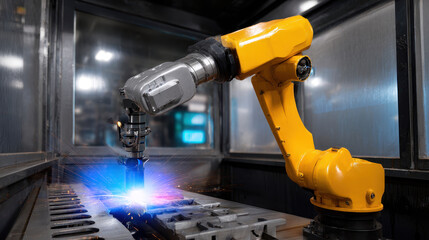 Industrial robotic arm welding metal parts with bright blue sparks in factory environment