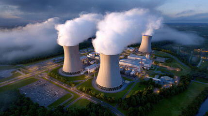 Nuclear power plant cooling tower steam industrial facility energy production aerial view evening light landscape