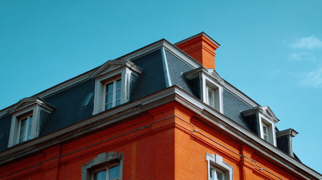 Historic building with orange brick wall and dark roof under clear blue sky, showcasing classic architecture and bright colors