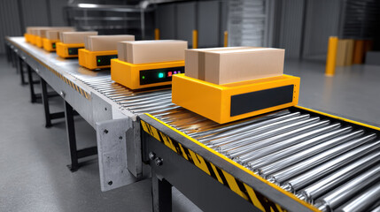 Automated conveyor system transporting cardboard boxes modern warehouse with bright yellow robotic carriers moving efficiently