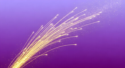 Radiant Burst of Golden Fiber Optic Light Across a Vibrant Purple Gradient.