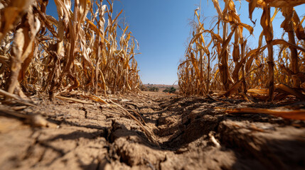 Dry cracked soil with withered corn plants under clear blue sky in drought field