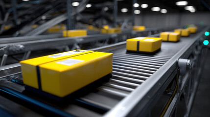 Yellow parcel boxes moving on conveyor belt in warehouse with industrial automation system