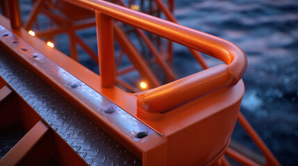 Close up of orange metal railing with textured surface near water, showing industrial design and warm lighting