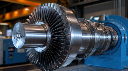 Industrial turbine rotor with shiny metal blades in factory setting showing detailed engineering and mechanical design