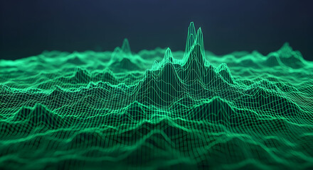 Luminous Green Wireframe Data Peaks on a Digital Terrain.