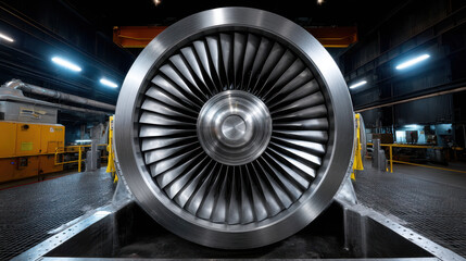 Jet engine turbine in industrial factory with metal blades and modern technology