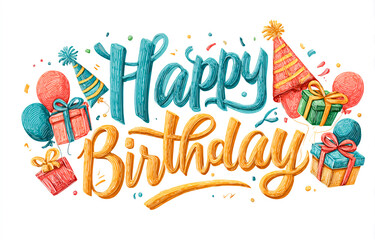 Fototapeta premium Happy Birthday calligraphy text with party hat, balloons, and gifts isolated on a white background.