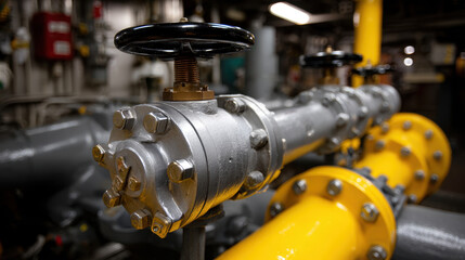 Industrial metal valve with black handle silver pipe and yellow pipeline factory setting, showing mechanical details and bolts