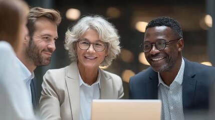 Multi-generational workplace collaboration, Gen Z and Baby Boomers working together on tablet, diverse ages sharing knowledge