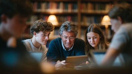 Obraz premium Multi-generational workplace collaboration, Gen Z and Baby Boomers working together on tablet, diverse ages sharing knowledge