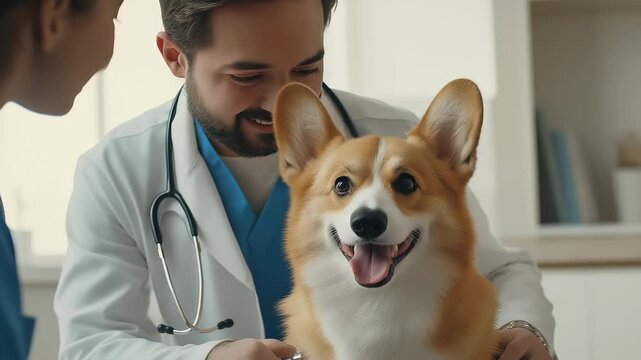 Cheerful corgi is examined by friendly veterinarian, attentive assistant, showcasing caring atmosphere in welcoming pet clinic, prioritizing love, comfort for our beloved pets