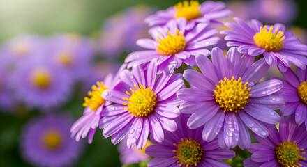 Obraz premium Close-up of Purple Aster Flowers with Water Droplets Soft Focus Background.