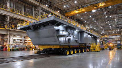 Large industrial machinery in spacious factory with bright lighting and yellow safety railings