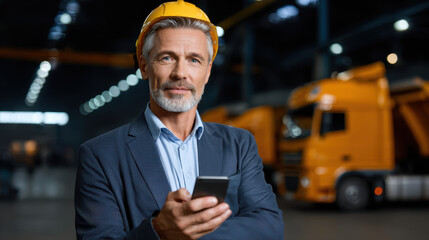 Construction manager with yellow helmet holding smartphone in warehouse with trucks, confident and focused expression