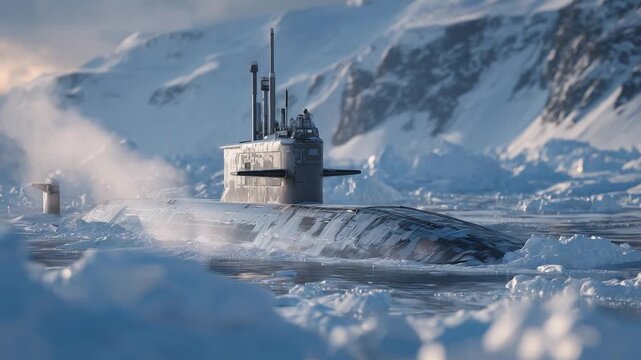 A submarine emerges through Arctic ice, showcasing its powerful surfacing capabilities.