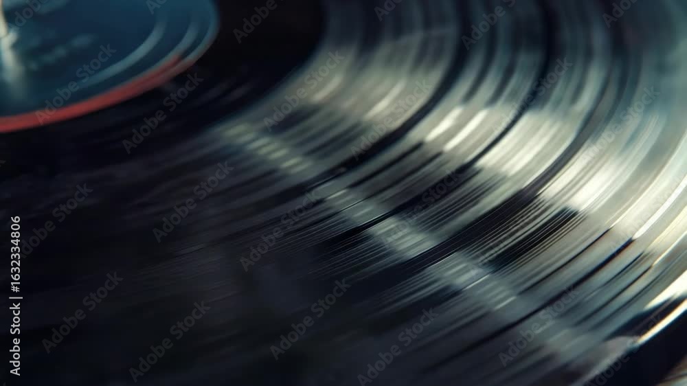 Poster a close-up of a stack of vinyl records with a record player in the background. the focus is on the t