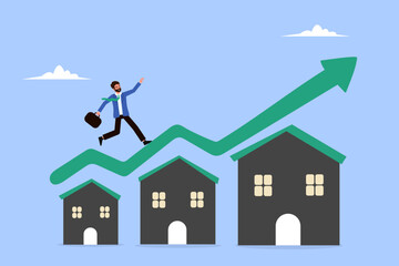 Businessman walks a rising green housing price graph on a rooftop. Real estate growth and property value surge concept.
