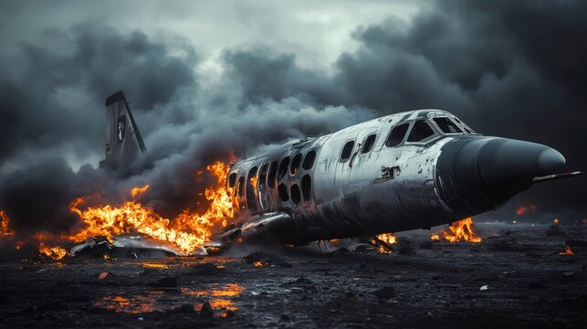 Burning airplane crash with dark smoke and fire on the ground
