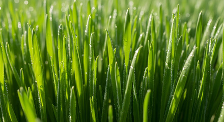 Fresh Green Grass Blades with Sparkling Dew Drops and Sunlit Bokeh Capturing Morning Vibrancy.