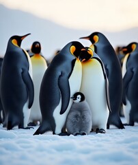 Obraz premium Emperor Penguin Family with Chick Huddling Together in Antarctic Snow