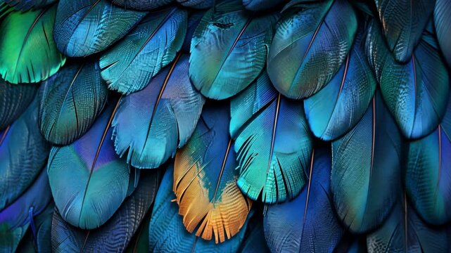 Selective focus. Iridescent bird feather shimmering in natural light