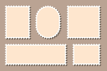 Postage stamp template collection. Blank postage stamp vector collection in various shapes and sizes. Retro Postage Stamp Template. Realistic trendy post stamps set with shadow effect. 