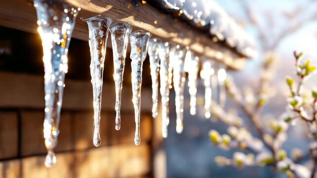 Icicles hanging from a snowy roof with spring buds in background  