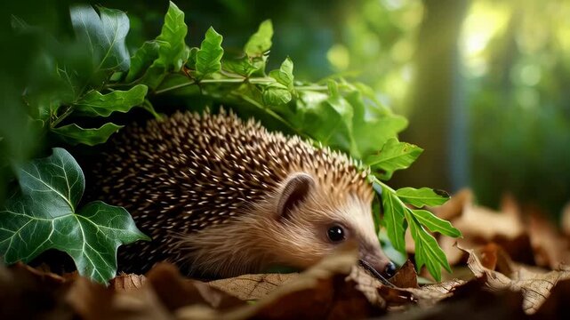A curious hedgehog peeks out from the forest's embrace, surrounded by autumn leaves and lush foliage.
