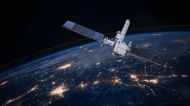 Advanced military satellite in Earth's orbit equipped with high-gain antennas for secure communication.