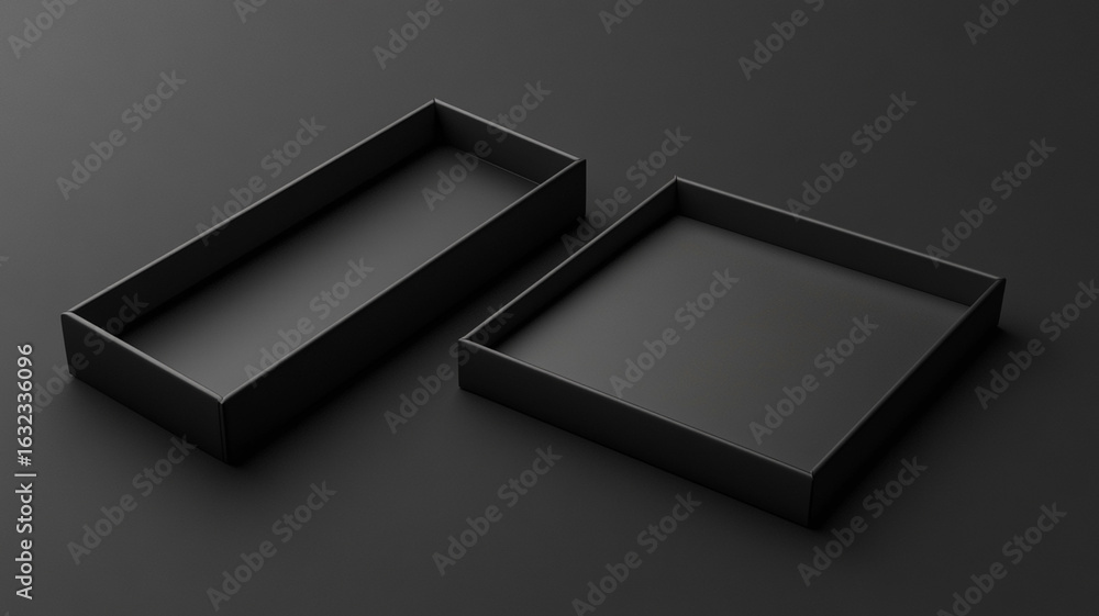 Poster an open black box is shown in this stock photo, along with its lid. the boxes are rectangular with a