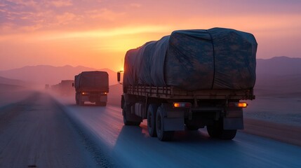 Military trucks driving on desert road at sunset