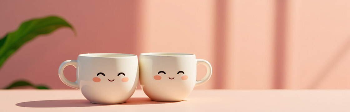 pair delicate ceramic bubble tea cups smiling faces sit cozily together soft light pink background bathed warm morning