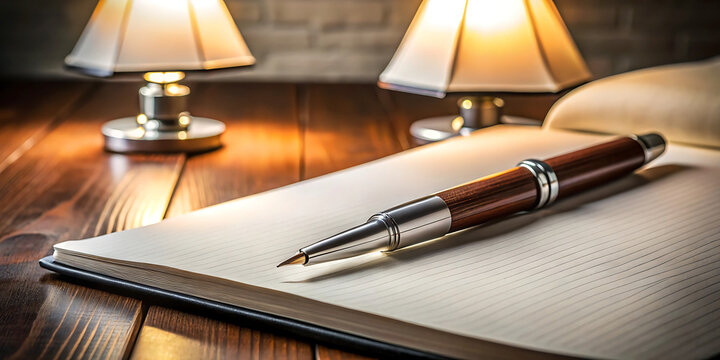 A vintage wooden pen rests on an open notebook with a textured paper, illuminated by warm lamplight on a wooden desk, evoking a sense of classic writing and study
