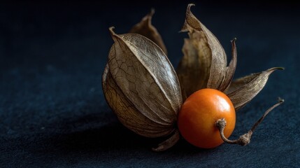 Dried fruit pod with orange berry