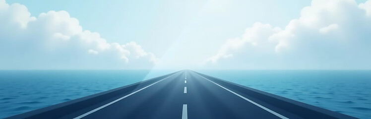 Fototapeta premium misty highway stretches clouds disappearing deep blue ocean horizon sea meets sky soft focus narrow