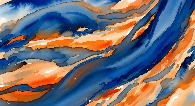 Cobalt Currents and Ochre Sands: A Dynamic Watercolor Abstract.