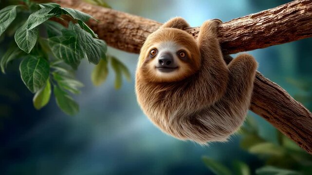 The adorable sloth smiles contentedly while relaxing on a sturdy tree branch.