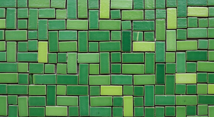 Artisanal Green Tile Mosaic with Irregular Geometric Shapes and Varied Shades.