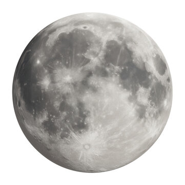 Detailed image of a full moon showing craters and surface textures on transparent background.