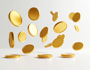 Floating Gold Coins on White Background for Commercial Use
