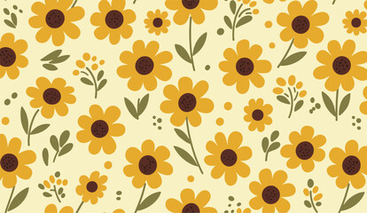 Golden yellow flowers bloom amidst small dark green leaves and petite dot clusters, creating a beautiful, repeated floral pattern on a creamy light yellow backdrop