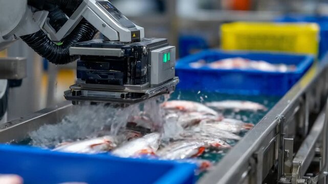 AI-powered robotic sorting line in a seafood plant efficiently identifies and processes fish species for accurate handling and packaging.